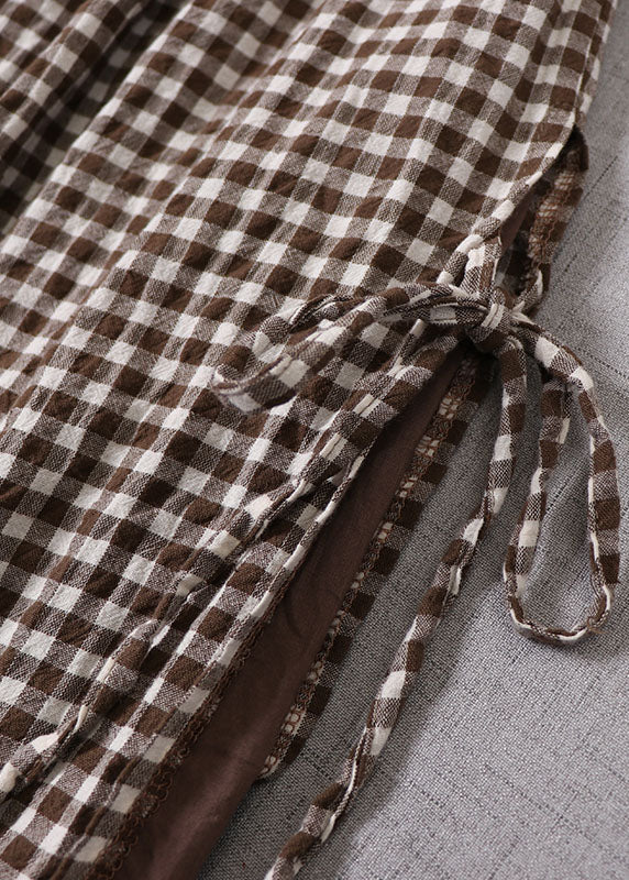 French Black Plaid Side Open Tie Skirt Spring