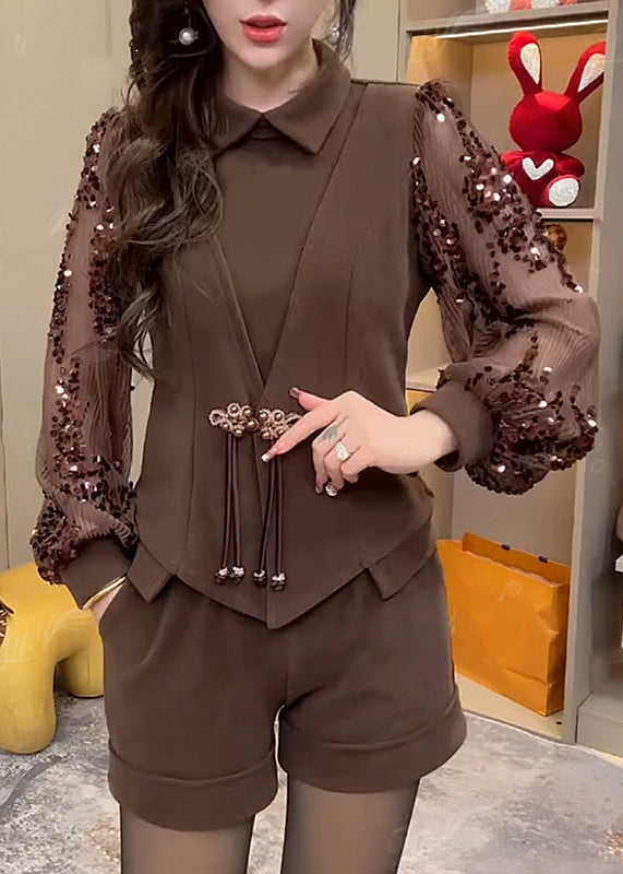 French Coffee Sequins Tops and Shorts Cotton Two-piece Set Spring