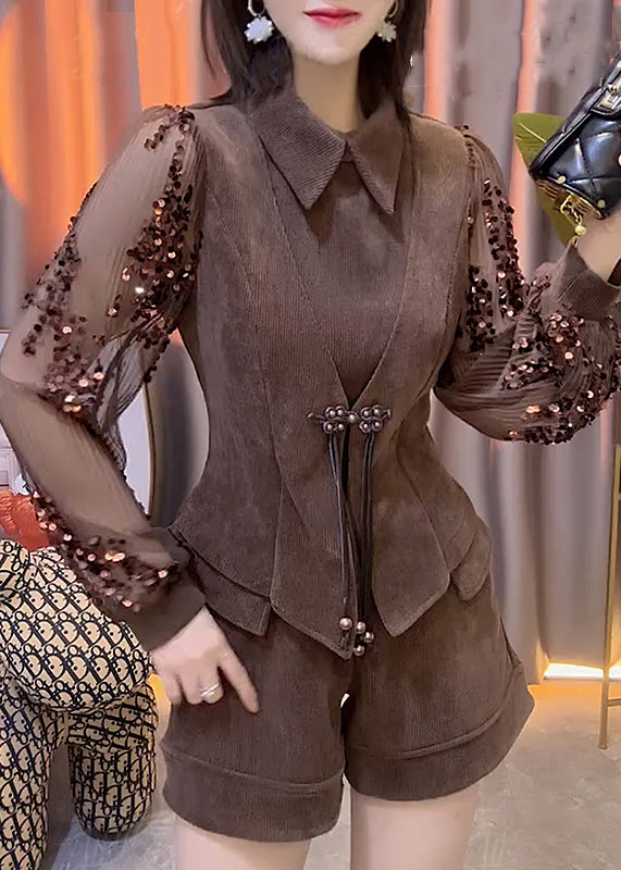 French Coffee Sequins Tops and Shorts Cotton Two-piece Set Spring