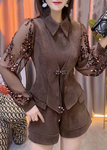 French Coffee Sequins Tops and Shorts Cotton Two-piece Set Spring