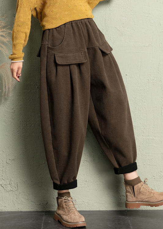 French Coffee Elastic Wais Cotton Harem Pants
