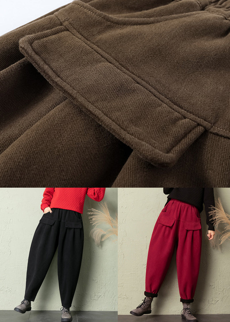 French Coffee Elastic Wais Cotton Harem Pants