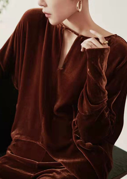 French Coffee Tops and Pants Velour Two Pieces Set Fall