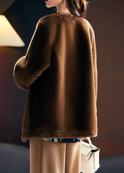 French Coffee V Neck Button Leather and Fur Coats Long Sleeve