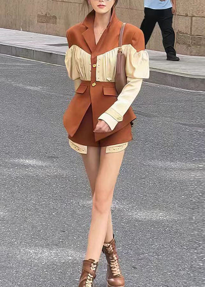 French Coffee Wrinkled Patchwork Coat and Shorts Two Pieces Spring