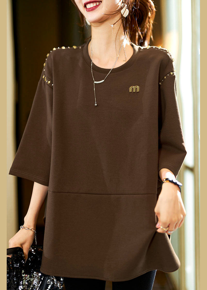 French Coffen O-neck Cozy Nail Bead Shirt Fall