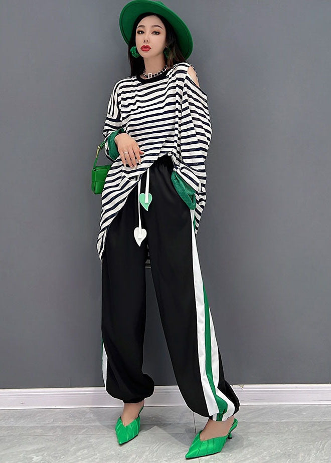 French Cold Shoulder Striped Print Cotton Tops and Pants Two Piece Set Outfits Spring