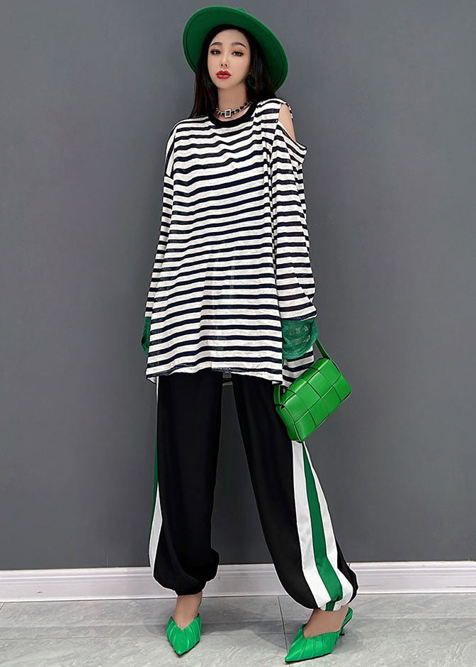 French Cold Shoulder Striped Print Cotton Tops and Pants Two Piece Set Outfits Spring
