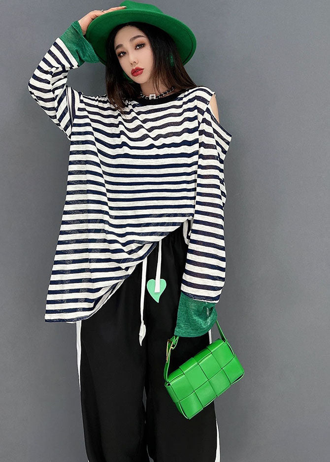 French Cold Shoulder Striped Print Cotton Tops and Pants Two Piece Set Outfits Spring