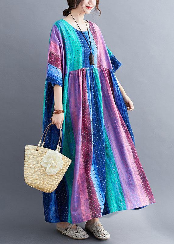 French Color Block Striped Print Loose Summer Vacation Dresses Half Sleeve