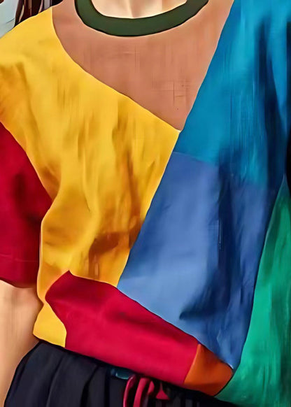 French Colorblock Asymmetrical Patchwork Linen Tank Tops Summer