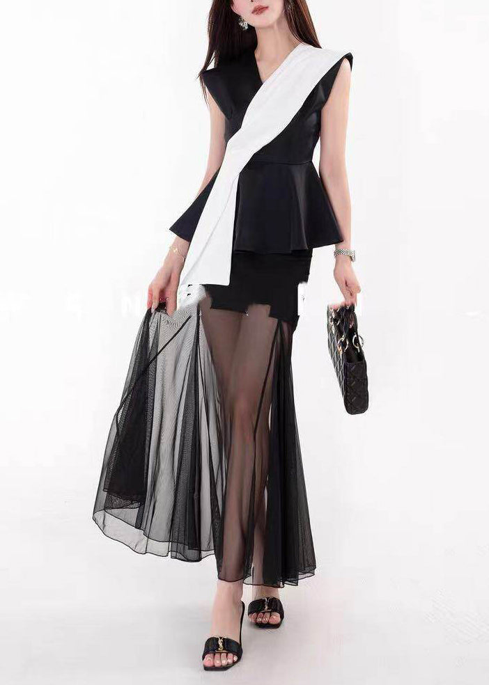 French Colorblock Asymmetrical Patchwork Spandex Vest Top Sleeveless