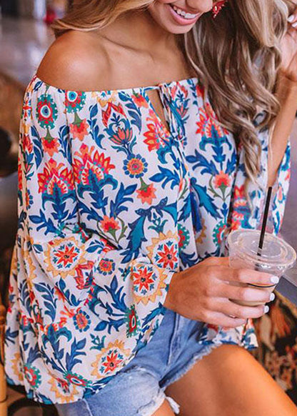French Colorblock Cold Shoulder Print Sexy Tops Flare Sleeve