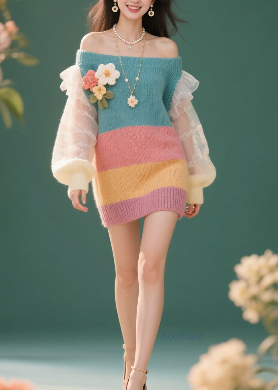 French Colorblock Cold Shoulder Tulle Knit Dress Fall
