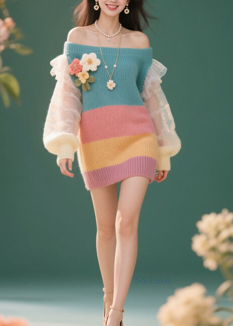 French Colorblock Cold Shoulder Tulle Knit Dress Fall