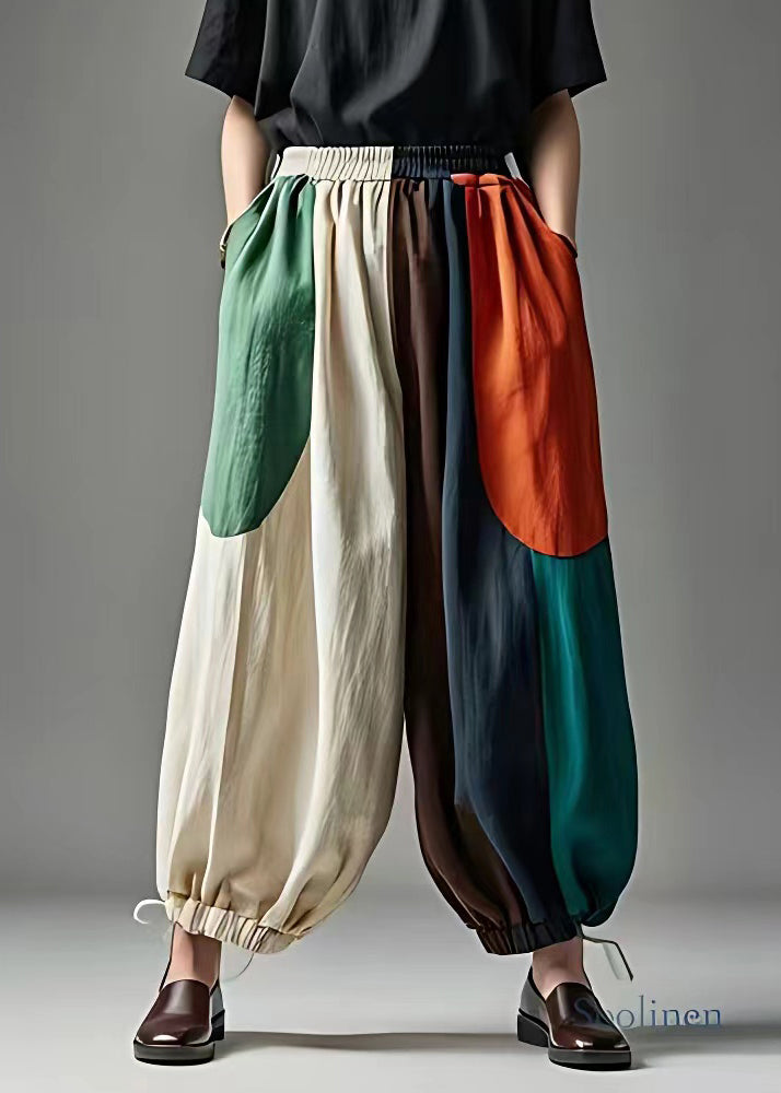 French Colorblock Elastic Waist Pockets Beam Pants