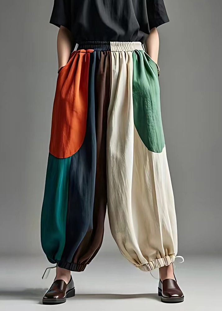 French Colorblock Elastic Waist Pockets Beam Pants