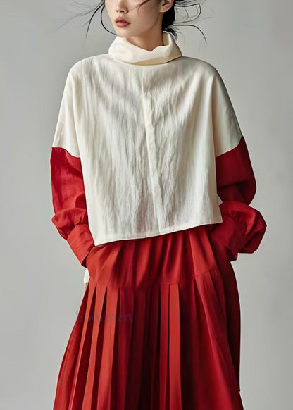 French Colorblock Hign Neck Patchwork Cotton Top Long Sleeve