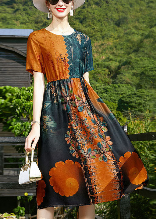 French Colorblock O-neck Cinched Print Silk Beach Dresses Short Sleeve