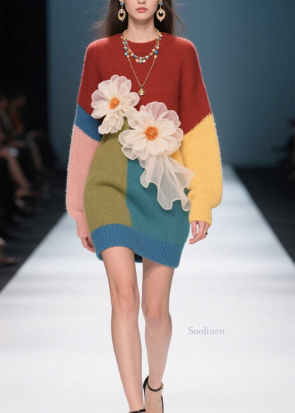 French Colorblock O Neck Knit Sweater Dress Fall