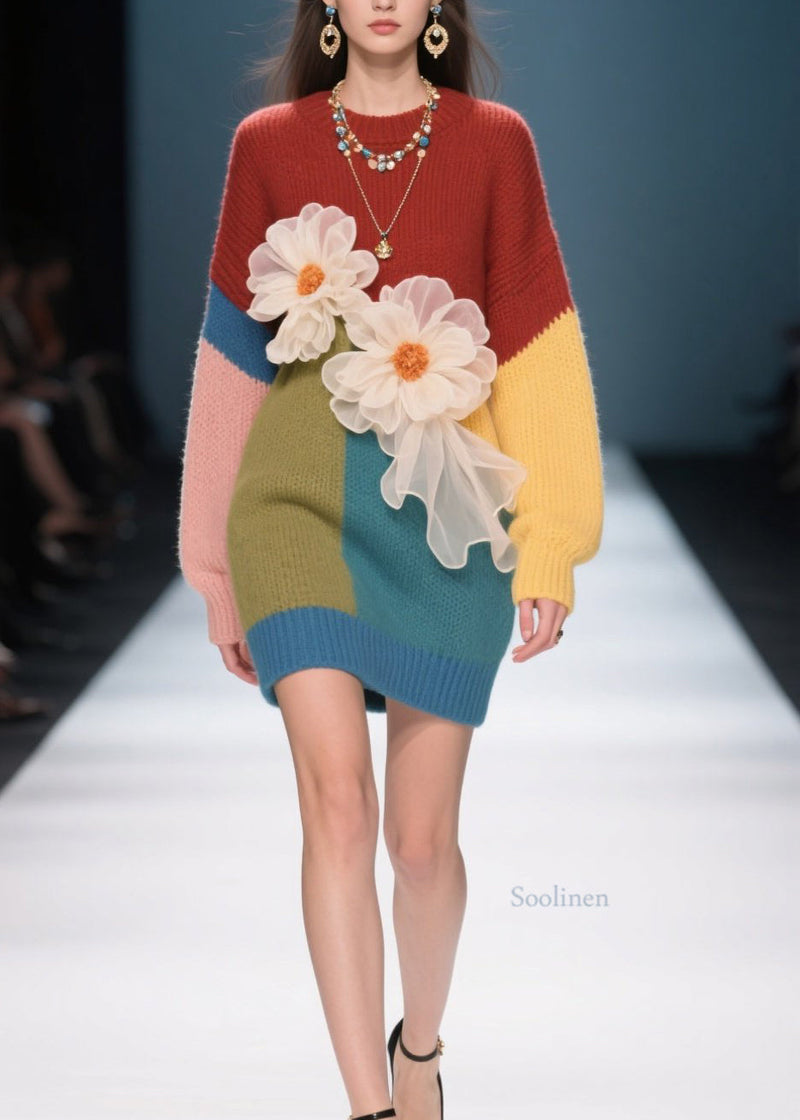 French Colorblock O Neck Knit Sweater Dress Fall