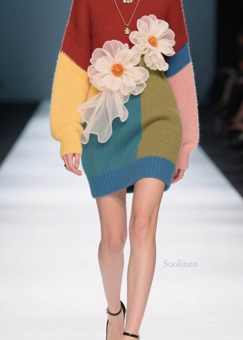 French Colorblock O Neck Knit Sweater Dress Fall