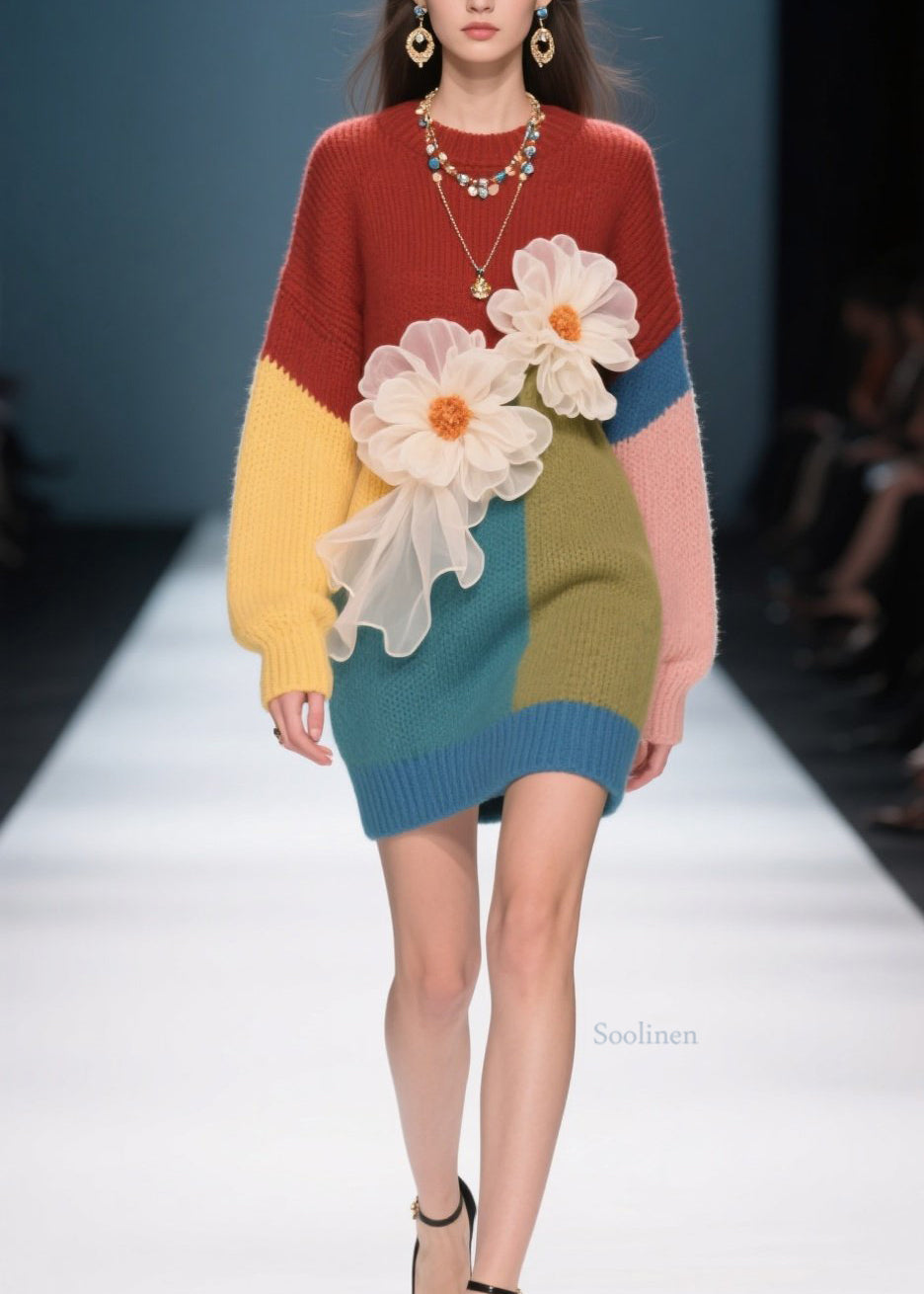 French Colorblock O Neck Knit Sweater Dress Fall