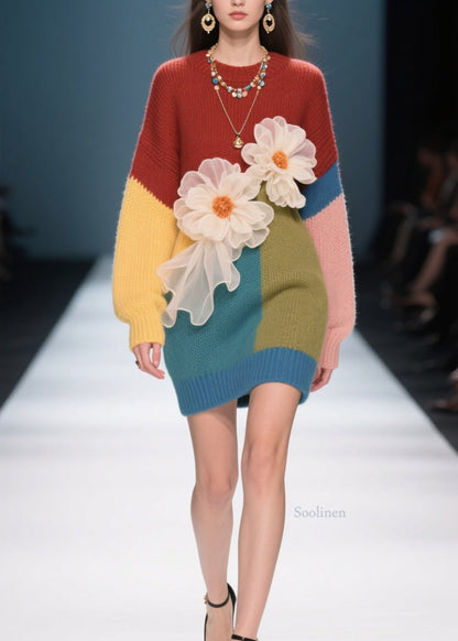 French Colorblock O Neck Knit Sweater Dress Fall