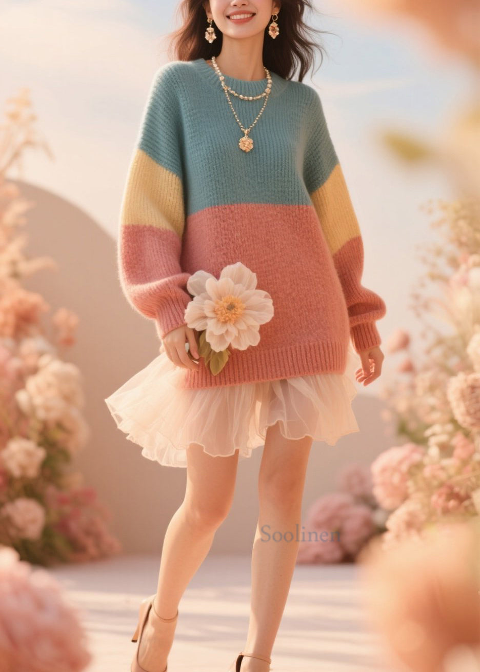 French Colorblock O Neck Knit Sweater Fall