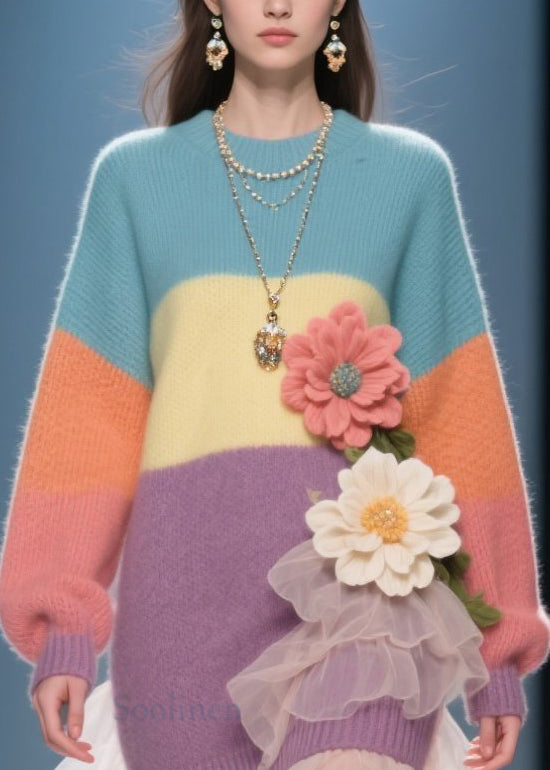 French Colorblock O Neck Tulle Knit Sweater Dress Winter