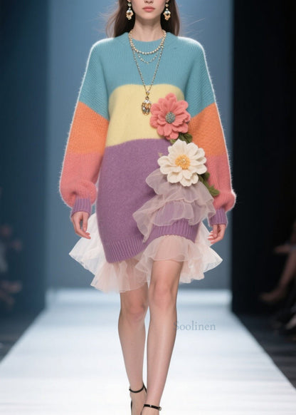 French Colorblock O Neck Tulle Knit Sweater Dress Winter