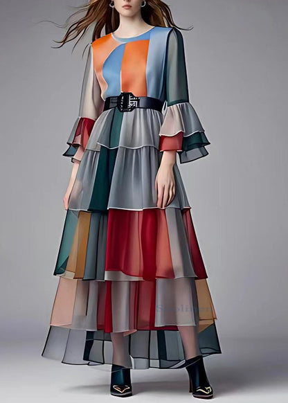 French Colorblock O-neck Sashes Chiffon Maxi Dress Flare Sleeve