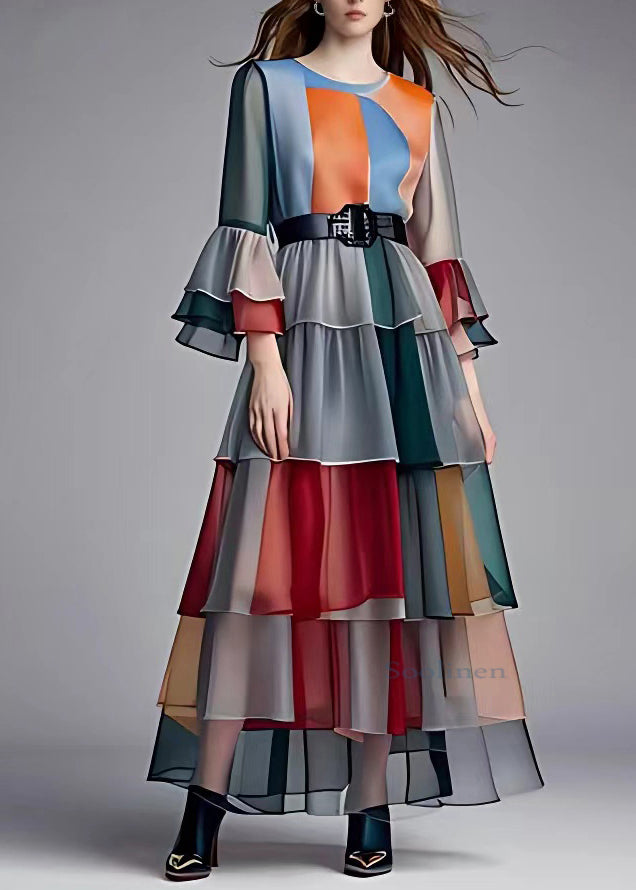 French Colorblock O-neck Sashes Chiffon Maxi Dress Flare Sleeve