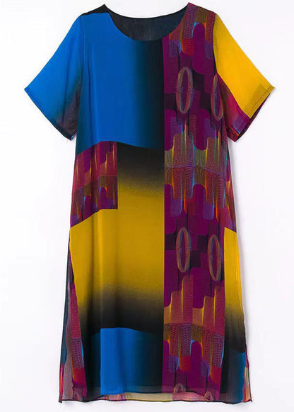 French Colorblock O-neck Side Open Print Chiffon Holiday Dress Half Sleeve