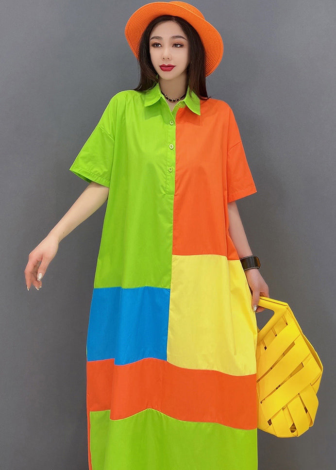 French Colorblock Peter Pan Collar Patchwork Cotton Dresses Short Sleeve