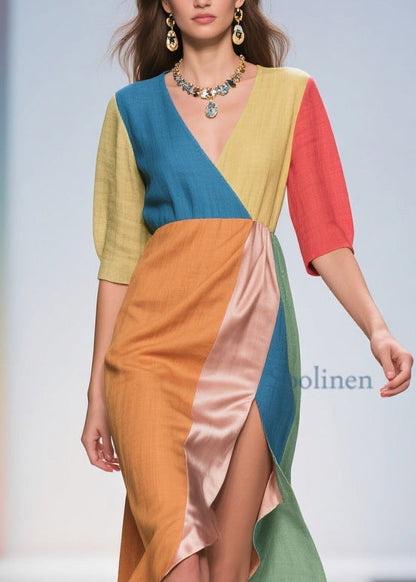 French Colorblock Side Open Patchwork Linen Silk Dress Summer