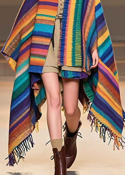 French Colorblock Striped Patchwork Woolen Coats Long Sleeve