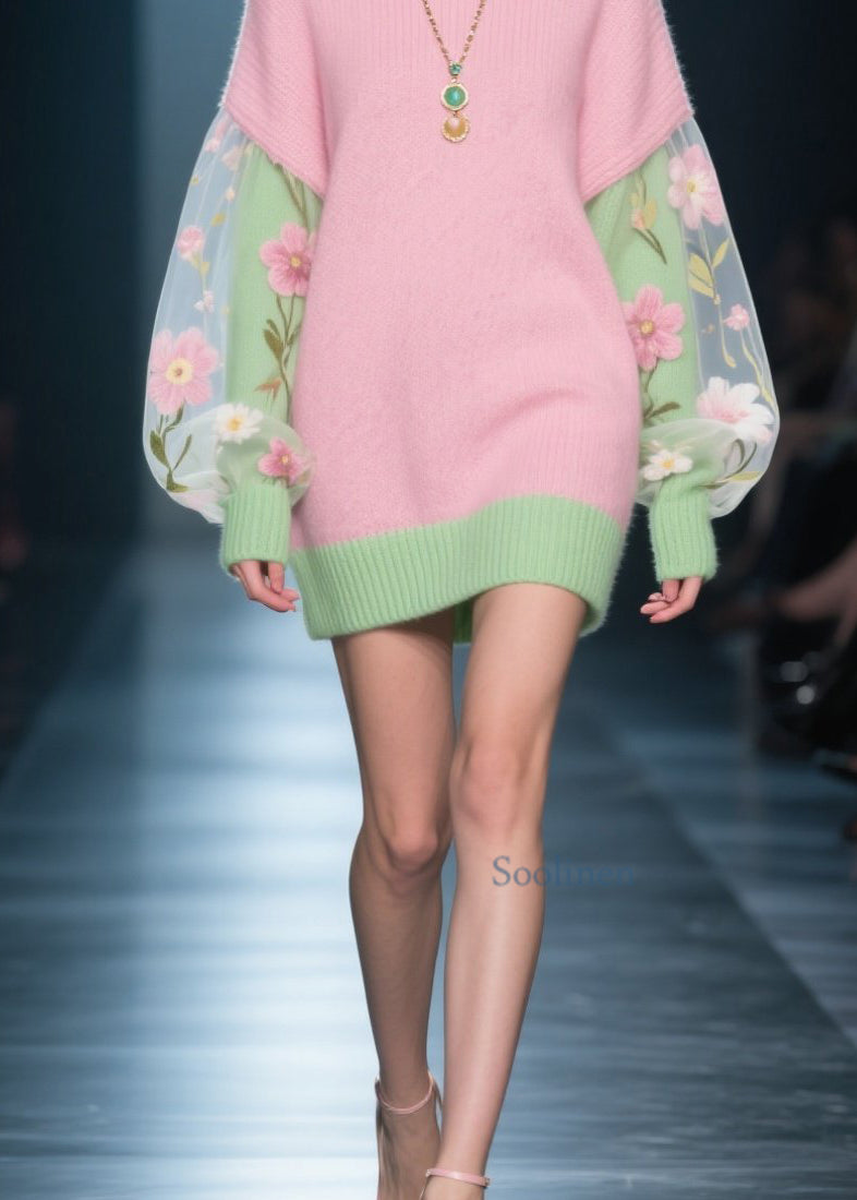 French Colorblock Tulle Patchwork Knit Sweater Dress Winter