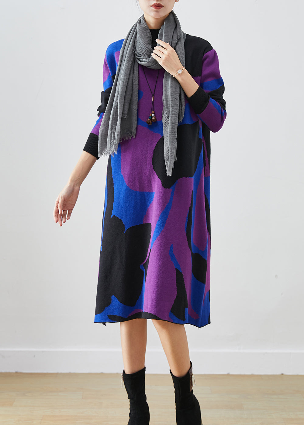 French Colorblock Turtle Neck Print Knit a Line Dresses Fall