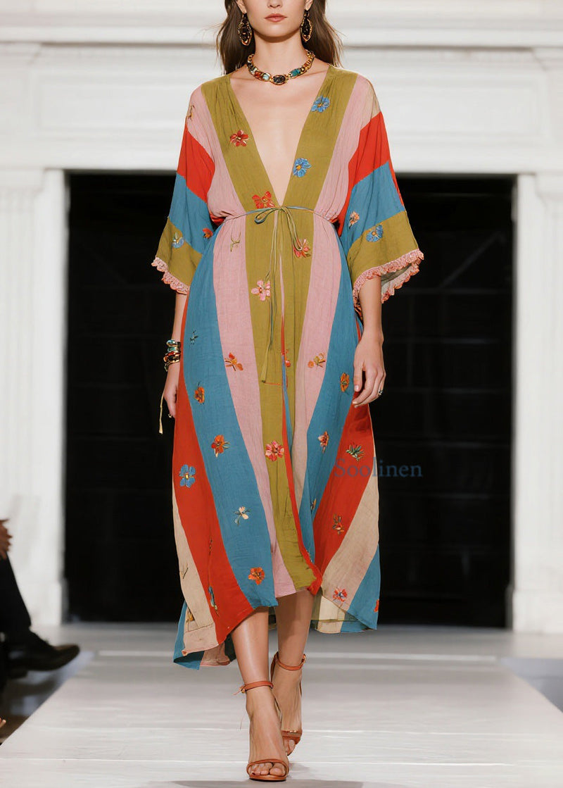 French Colorblock V Neck Patchwork Cotton Dress Summer