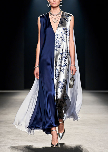 French Colorblock V Neck Print Patchwork Silk Dress Sleeveless