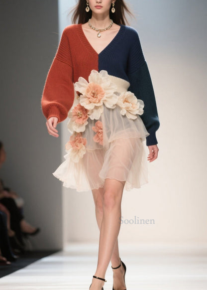 French Colorblock V Neck Tulle Patchwork Knit Dress Fall