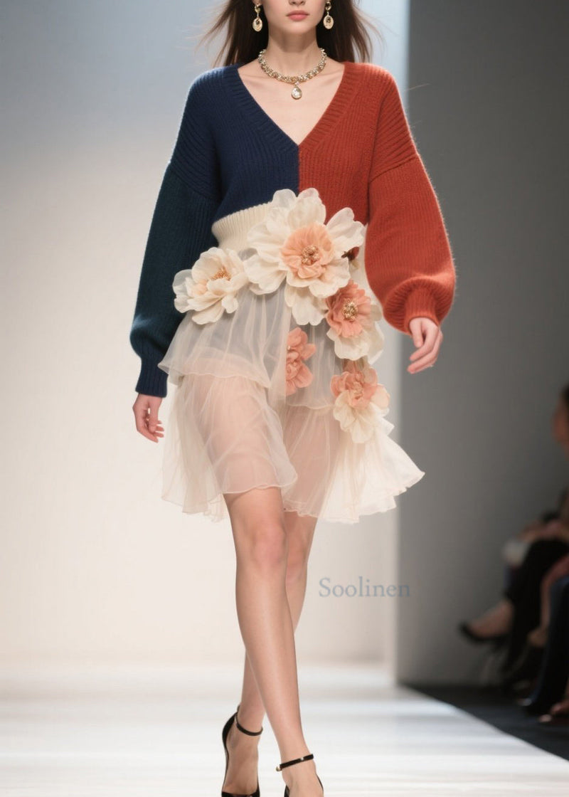 French Colorblock V Neck Tulle Patchwork Knit Dress Fall