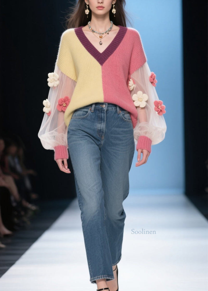 French Colorblock V Neck Tulle Patchwork Knit Sweaters Fall