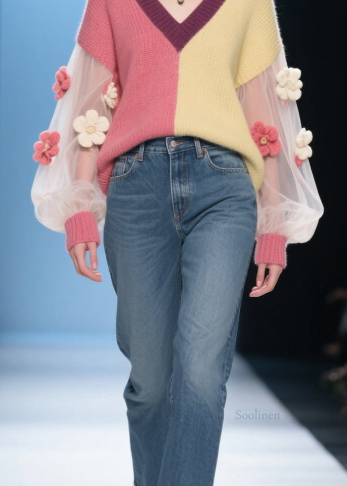 French Colorblock V Neck Tulle Patchwork Knit Sweaters Fall