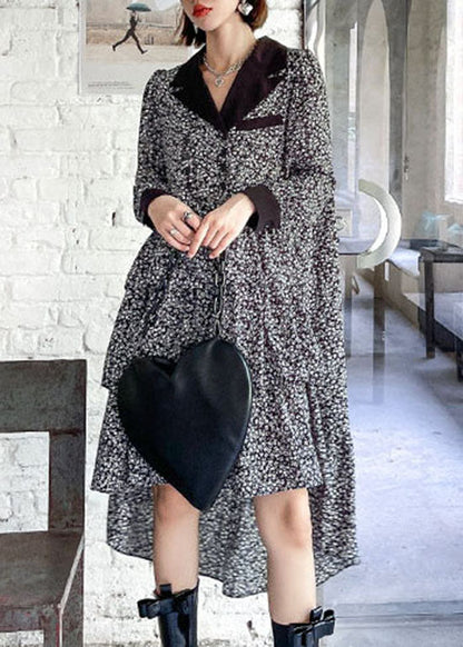 French Colorblock Low High Design V Neck Print Patchwork Silk Mid Dress Spring