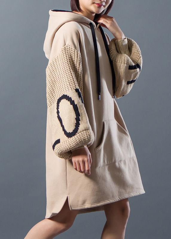French Cotton Tunic Dresssweets Hoodies Drawstring Spliced Split Winter Dress