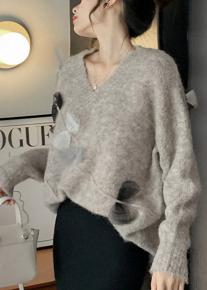 French Cozy V Neck Knitted Sweaters Tops Spring