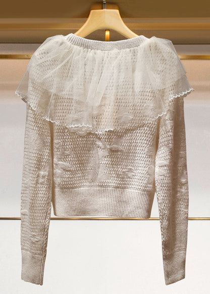 French Beige Tulle Ruffled Patchwork Knit Cardigans Spring