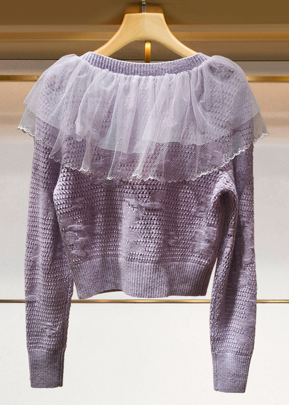 French Beige Tulle Ruffled Patchwork Knit Cardigans Spring